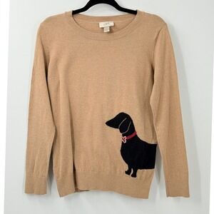 Loft Tan Cotton Dachshund Dog Graphic Knit Sweater Womens sz M Wiener Dog